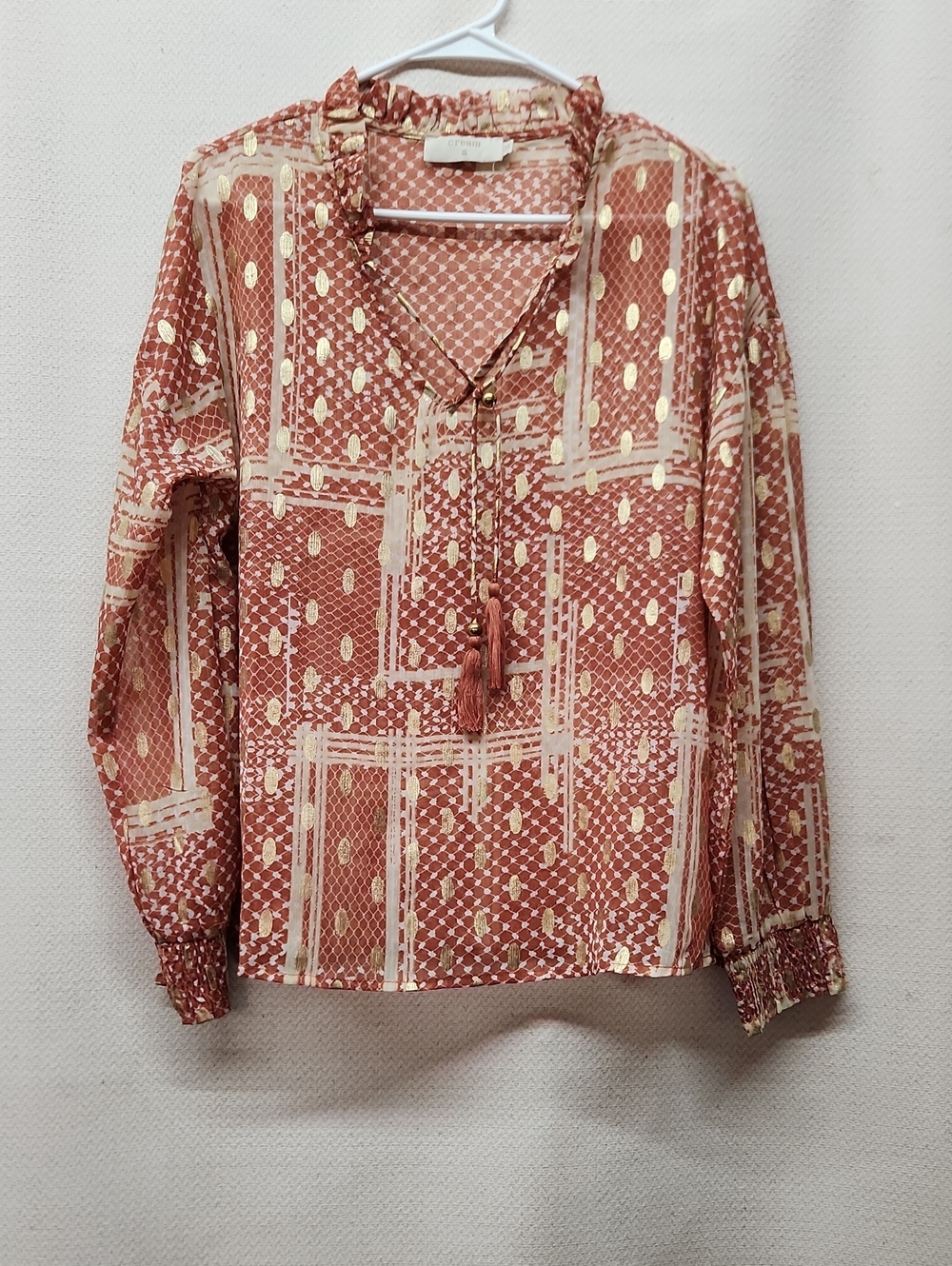 Tassel Tie Peasant Blouse in Rust and Cream